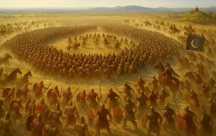 Cannae Muharebesi’nde Hannibal’ın ünlü çift kıskaç manevrasını uyguladığı sahne; Roma ordusunun merkezde sıkıştığı, Kartaca piyadeleri ve süvarilerinin genişleyen bir çember hâlinde Roma’yı kuşattığı tozlu savaş alanı görülüyor.